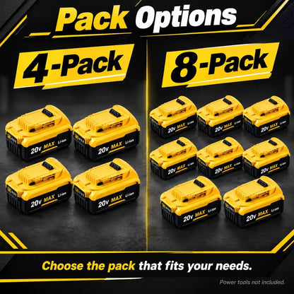 20V MAX 8.0Ah Lithium-Ion Replacement Batteries for Dewalt 20V Cordless Tools (4-Pack/8-Pack) - Upgraded 8000Mah Unit, 3-LED Gauge, Impact-Resistant, Slip-Free Lock, Compatible with DCB206,205,204,200 Series High Draw Tools