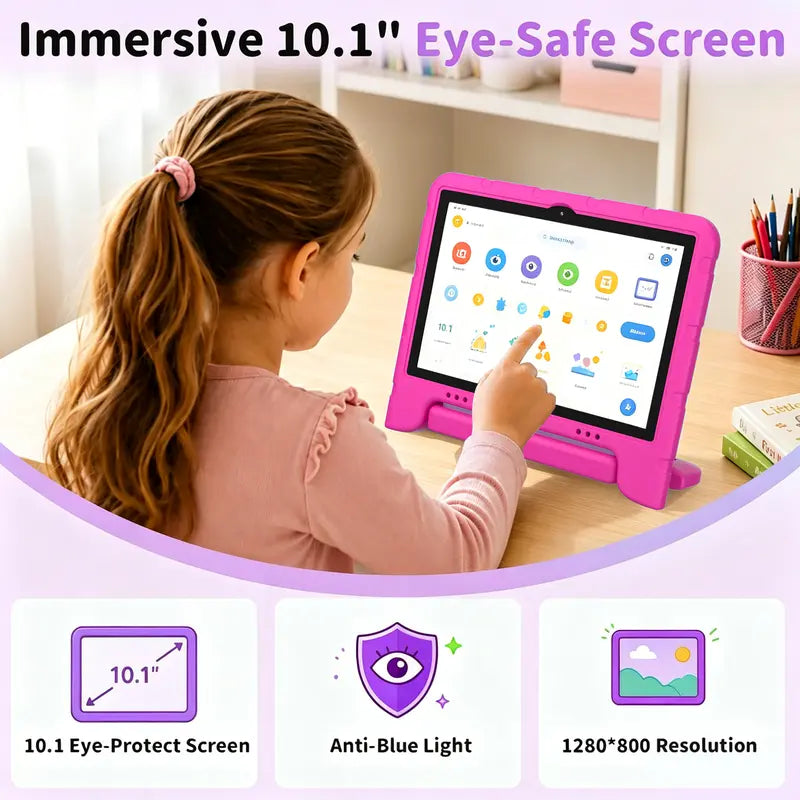 JUNINKE Kids Tablets - 10.1-In Android 15 Wireless Tablets with Protective Case, Dual Camera, 2.4G Wifi, Parental Ctrl, Built-In Li-Ion Battery, Toddlers Educational Electronic Gift Device, Wifi Touchscreen Tablet