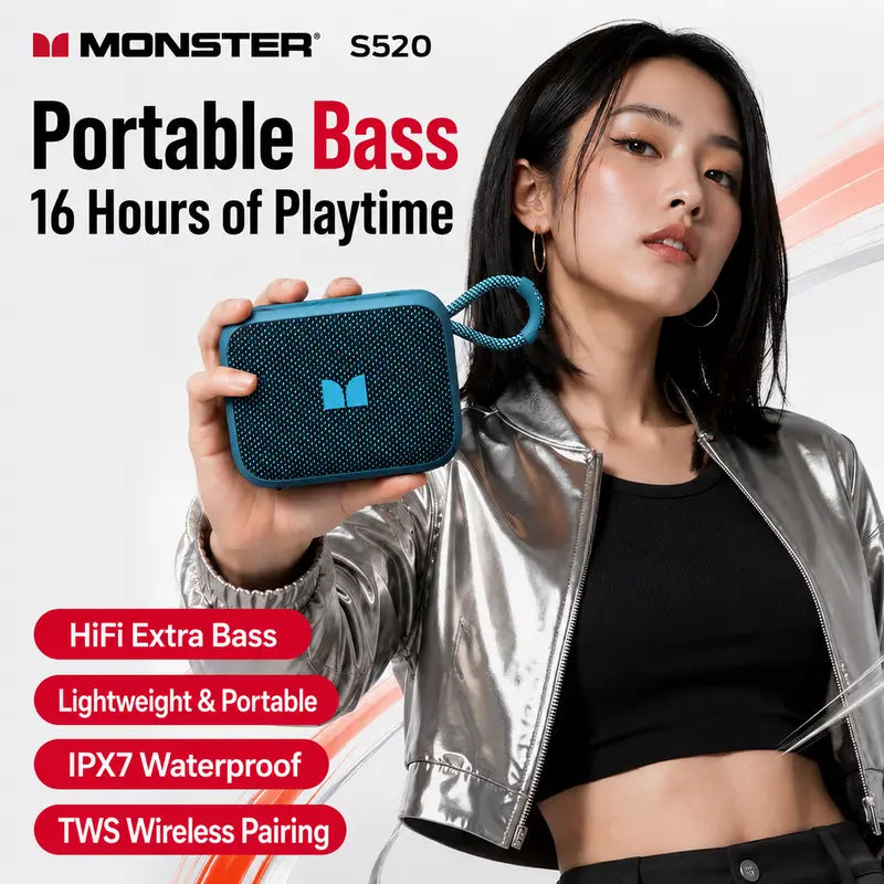 Monster S520 Compact Portable Wireless Bluetooth Speaker - Deep Bass Audio Device with IPX7 Waterproof, Bluetooth 6.0, 16H Playtime, TWS Stereo Pairing, Hands-Free Calls, Sound Upgrade for Beach, Camping (Audio, Mini Instant, Modern)