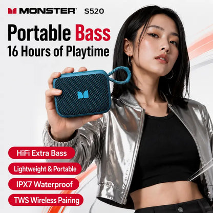 Monster S520 Compact Portable Wireless Bluetooth Speaker - Deep Bass Audio Device with IPX7 Waterproof, Bluetooth 6.0, 16H Playtime, TWS Stereo Pairing, Hands-Free Calls, Sound Upgrade for Beach, Camping (Audio, Mini Instant, Modern)