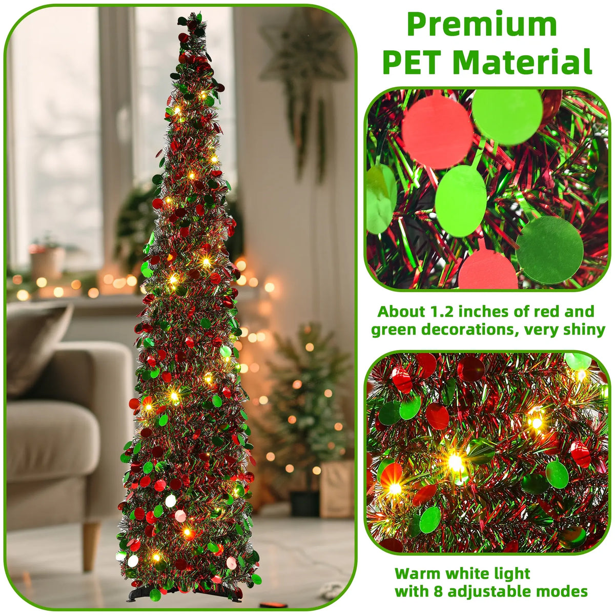 Foldable Christmas Tree, Light up Tree, & LED Lights, Timer Function, Adjustable Flashing Modes, Indoor Outdoor Decoration