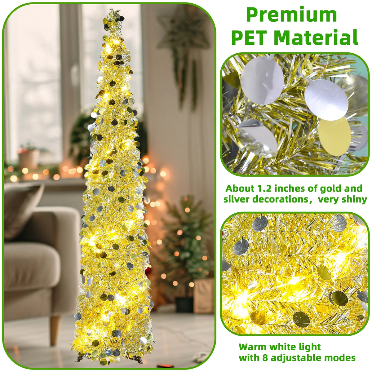 Foldable Christmas Tree, Light up Tree, & LED Lights, Timer Function, Adjustable Flashing Modes, Indoor Outdoor Decoration