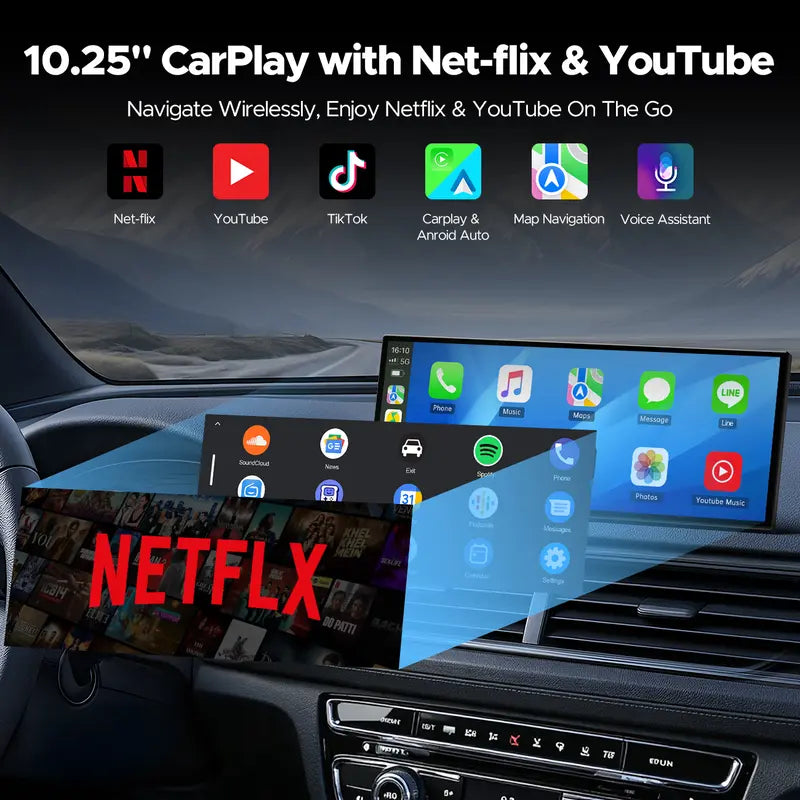 LAMTTO 10.25" Big Wireless Carplay Screen Watch Youtube/Netflix/Tiktok While Parked Auto-Connect, Iphone 8–16+ & Android 11+ Any Car Upgrade