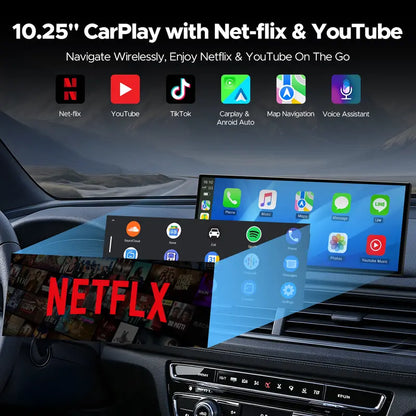 LAMTTO 10.25" Big Wireless Carplay Screen Watch Youtube/Netflix/Tiktok While Parked Auto-Connect, Iphone 8–16+ & Android 11+ Any Car Upgrade