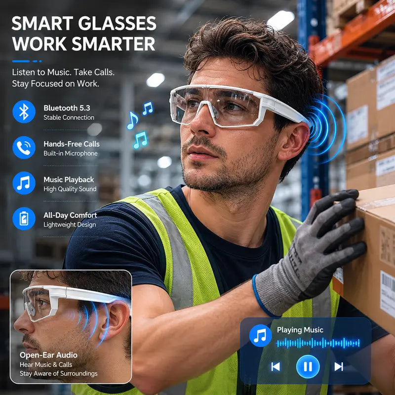 VUB Wearable AI Smart Glasses - Open-Ear Bluetooth Audio, Auto-Darkening Photochromic Lenses, Hands-Free Calling, AI Translation, UV400 Safety, Lightweight, Voice Assistants, for Cycling & Warehouse Work