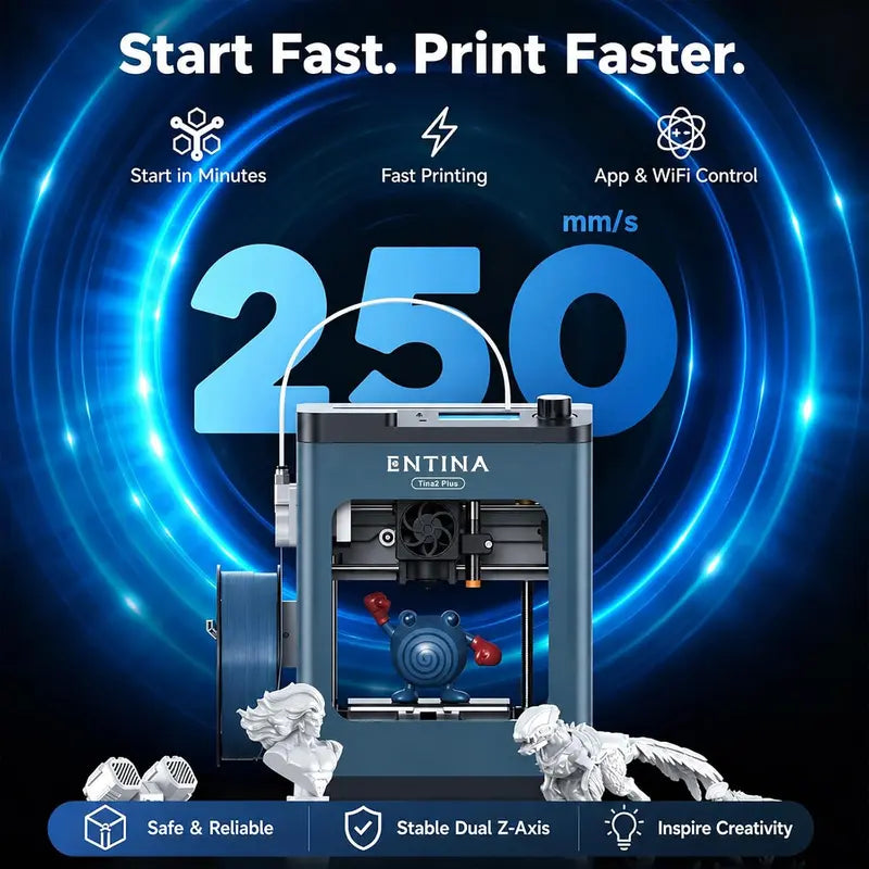 Entina Tina2 plus 3D Printer - Fully Assembled Compact 3D Printer for Kids, 250Mm/S Fast Printing, Wifi Enabled, Auto Leveling, High Precision, PEI Build Plate, 3.9X4.7X3.9 Inch, 30 Days Free Return, Easy Starter Model (Tiktok Shop Back to School) Sohochi