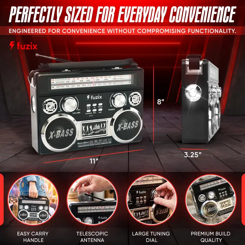 Fuzix Retrobox AM/FM/SW 3-Band Portable Audio Radio Speaker Player Receiver with Wireless Bluetooth Boombox, Built-In Flashlight, SD, Microsd, AUX Input, Rechargeable Battery, Vintage, Usb, Card, Device