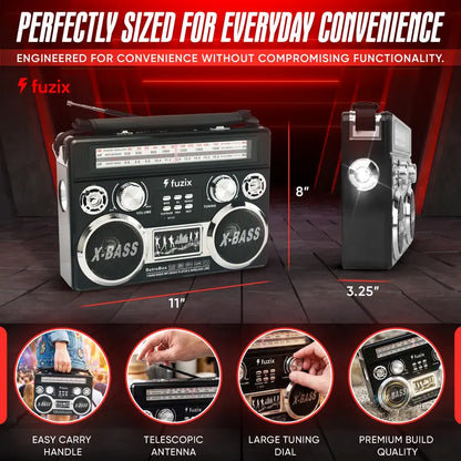 Fuzix Retrobox AM/FM/SW 3-Band Portable Audio Radio Speaker Player Receiver with Wireless Bluetooth Boombox, Built-In Flashlight, SD, Microsd, AUX Input, Rechargeable Battery, Vintage, Usb, Card, Device