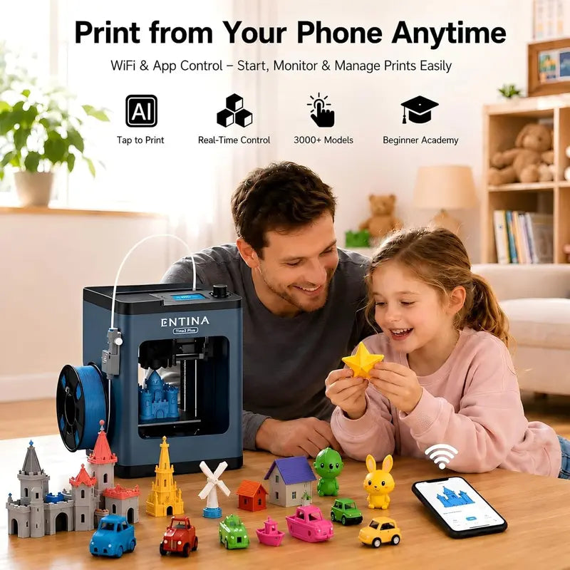 Entina Tina2 plus 3D Printer - Fully Assembled Compact 3D Printer for Kids, 250Mm/S Fast Printing, Wifi Enabled, Auto Leveling, High Precision, PEI Build Plate, 3.9X4.7X3.9 Inch, 30 Days Free Return, Easy Starter Model (Tiktok Shop Back to School) Sohochi