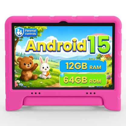 JUNINKE Kids Tablets - 10.1-In Android 15 Wireless Tablets with Protective Case, Dual Camera, 2.4G Wifi, Parental Ctrl, Built-In Li-Ion Battery, Toddlers Educational Electronic Gift Device, Wifi Touchscreen Tablet