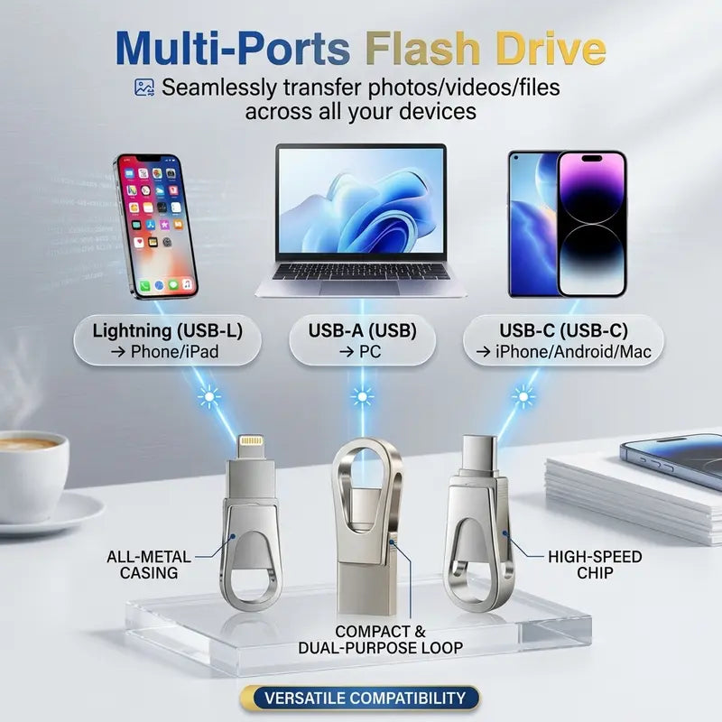 USB Flash Drive 3-In-1, Type-C OTG Dual Interface, Large Capacity Memory Stick, No App Needed, Compatible with Ios Android , for Phone Computer Student Office Use