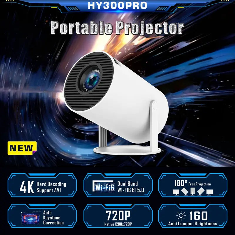 【Techvibes】Portable Android Hy300 Projector, 2.4/5G Wireless Wifi, 360° Rotatable HD LED, BT 5.2 Bluetooth, 200In Screen, Built-In Speaker, USB Cable, Remote Control, TFT LCD Home Video Projector with Connection Support, Valentine’S Day Gift Option