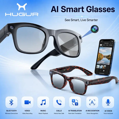 HUGUR Portable Smart AI Camera Glasses - Rectangular 8MP Photochromic Lenses, Button-Touch Adjustable, 1080P HD Hands-Free Photography/Video Recording, 160+ Languages Real-Time Translation, Bluetooth-Enabled Android Compatible, UV Protection, for Cycling