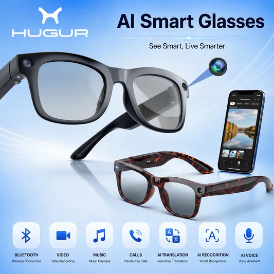HUGUR Portable Smart AI Camera Glasses - Rectangular 8MP Photochromic Lenses, Button-Touch Adjustable, 1080P HD Hands-Free Photography/Video Recording, 160+ Languages Real-Time Translation, Bluetooth-Enabled Android Compatible, UV Protection, for Cycling
