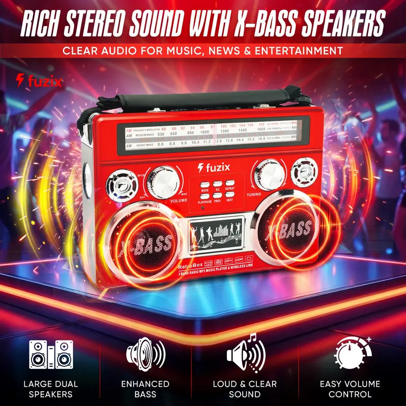 Fuzix Retrobox AM/FM/SW 3-Band Portable Audio Radio Speaker Player Receiver with Wireless Bluetooth Boombox, Built-In Flashlight, SD, Microsd, AUX Input, Rechargeable Battery, Vintage, Usb, Card, Device