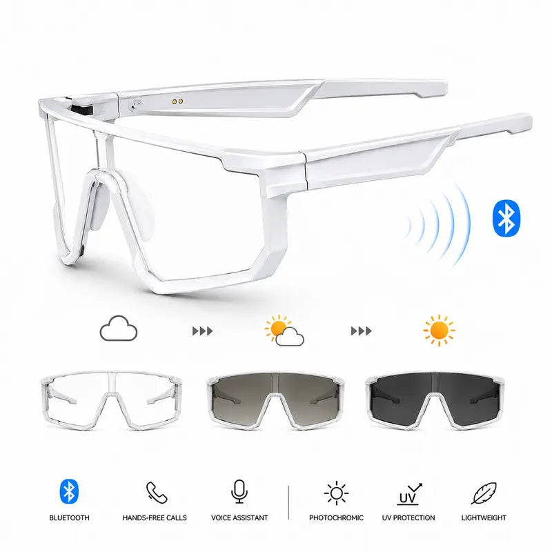 VUB Wearable AI Smart Glasses - Open-Ear Bluetooth Audio, Auto-Darkening Photochromic Lenses, Hands-Free Calling, AI Translation, UV400 Safety, Lightweight, Voice Assistants, for Cycling & Warehouse Work