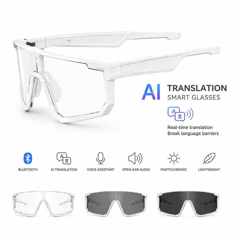 VUB Wearable AI Smart Glasses - Open-Ear Bluetooth Audio, Auto-Darkening Photochromic Lenses, Hands-Free Calling, AI Translation, UV400 Safety, Lightweight, Voice Assistants, for Cycling & Warehouse Work