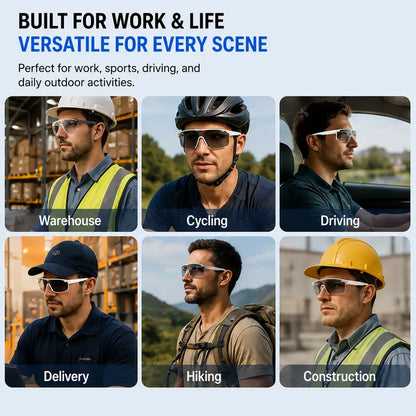 VUB Wearable AI Smart Glasses - Open-Ear Bluetooth Audio, Auto-Darkening Photochromic Lenses, Hands-Free Calling, AI Translation, UV400 Safety, Lightweight, Voice Assistants, for Cycling & Warehouse Work