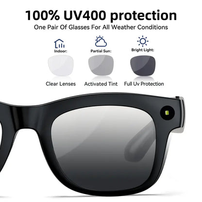HUGUR Portable Smart AI Camera Glasses - Rectangular 8MP Photochromic Lenses, Button-Touch Adjustable, 1080P HD Hands-Free Photography/Video Recording, 160+ Languages Real-Time Translation, Bluetooth-Enabled Android Compatible, UV Protection, for Cycling