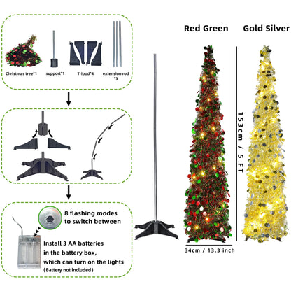 Foldable Christmas Tree, Light up Tree, & LED Lights, Timer Function, Adjustable Flashing Modes, Indoor Outdoor Decoration
