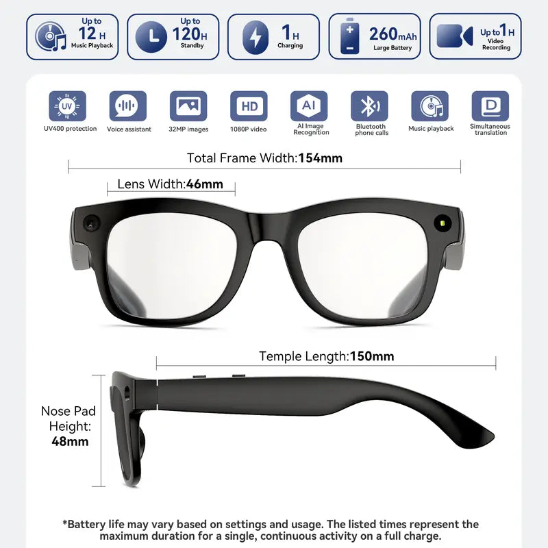 HUGUR Portable Smart AI Camera Glasses - Rectangular 8MP Photochromic Lenses, Button-Touch Adjustable, 1080P HD Hands-Free Photography/Video Recording, 160+ Languages Real-Time Translation, Bluetooth-Enabled Android Compatible, UV Protection, for Cycling