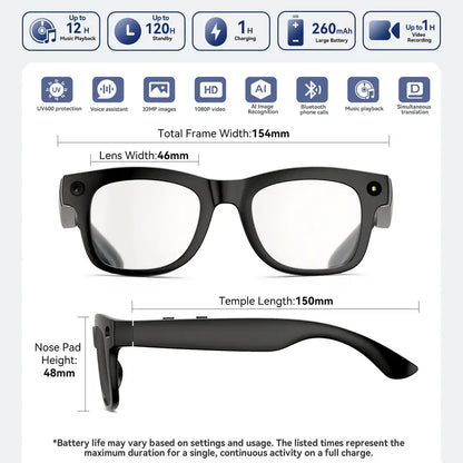 HUGUR Portable Smart AI Camera Glasses - Rectangular 8MP Photochromic Lenses, Button-Touch Adjustable, 1080P HD Hands-Free Photography/Video Recording, 160+ Languages Real-Time Translation, Bluetooth-Enabled Android Compatible, UV Protection, for Cycling