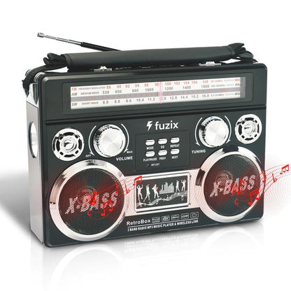 Fuzix Retrobox AM/FM/SW 3-Band Portable Audio Radio Speaker Player Receiver with Wireless Bluetooth Boombox, Built-In Flashlight, SD, Microsd, AUX Input, Rechargeable Battery, Vintage, Usb, Card, Device