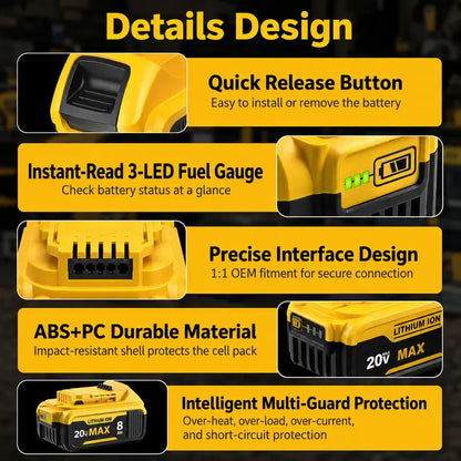 20V MAX 8.0Ah Lithium-Ion Replacement Batteries for Dewalt 20V Cordless Tools (4-Pack/8-Pack) - Upgraded 8000Mah Unit, 3-LED Gauge, Impact-Resistant, Slip-Free Lock, Compatible with DCB206,205,204,200 Series High Draw Tools