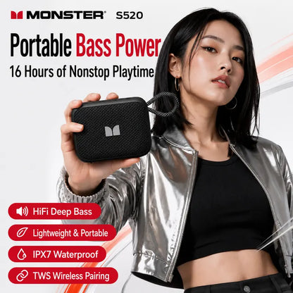 Monster S520 Compact Portable Wireless Bluetooth Speaker - Deep Bass Audio Device with IPX7 Waterproof, Bluetooth 6.0, 16H Playtime, TWS Stereo Pairing, Hands-Free Calls, Sound Upgrade for Beach, Camping (Audio, Mini Instant, Modern)