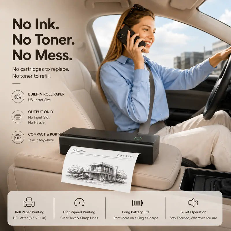 N80 Model Inkless Mobile Printer - 8.5"X11" A4/Letter Compact Wireless Printing Solutions Device with Built-In Bat, Compatible with Ios/Android, Laptops, for Home Use