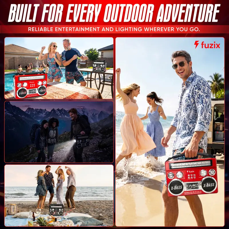 Fuzix Retrobox AM/FM/SW 3-Band Portable Audio Radio Speaker Player Receiver with Wireless Bluetooth Boombox, Built-In Flashlight, SD, Microsd, AUX Input, Rechargeable Battery, Vintage, Usb, Card, Device