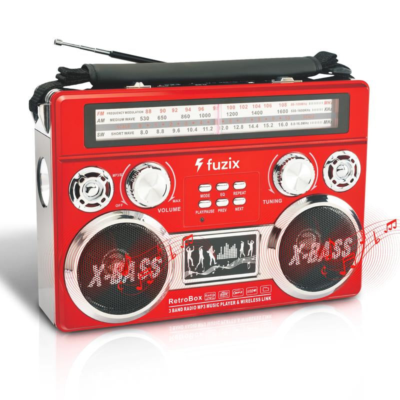 Fuzix Retrobox AM/FM/SW 3-Band Portable Audio Radio Speaker Player Receiver with Wireless Bluetooth Boombox, Built-In Flashlight, SD, Microsd, AUX Input, Rechargeable Battery, Vintage, Usb, Card, Device