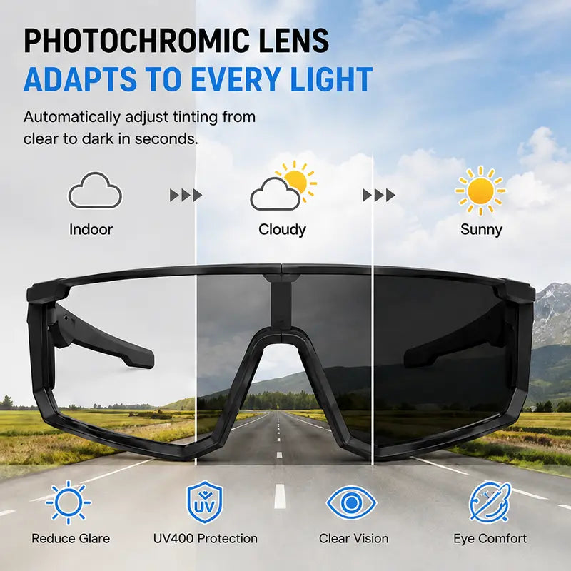 VUB Wearable AI Smart Glasses - Open-Ear Bluetooth Audio, Auto-Darkening Photochromic Lenses, Hands-Free Calling, AI Translation, UV400 Safety, Lightweight, Voice Assistants, for Cycling & Warehouse Work