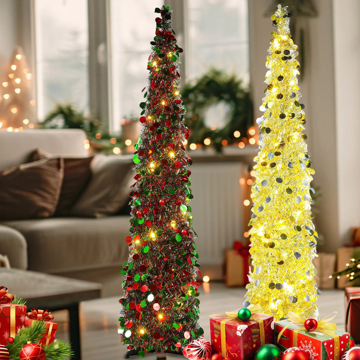 Foldable Christmas Tree, Light up Tree, & LED Lights, Timer Function, Adjustable Flashing Modes, Indoor Outdoor Decoration