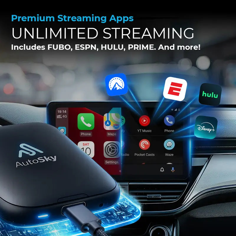 Autosky AI Box Lite Wireless Carplay Converter Car Video Players - Auto Accessories, Vehicle Accessory, Plug&Play, Wireless Android Auto, Wi-Fi Streaming for Road Trip Passengers (Netflix, Hulu, Disney+, ESPN, Youtube) | Requires Factory Wired Carplay