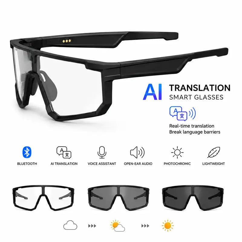 VUB Wearable AI Smart Glasses - Open-Ear Bluetooth Audio, Auto-Darkening Photochromic Lenses, Hands-Free Calling, AI Translation, UV400 Safety, Lightweight, Voice Assistants, for Cycling & Warehouse Work