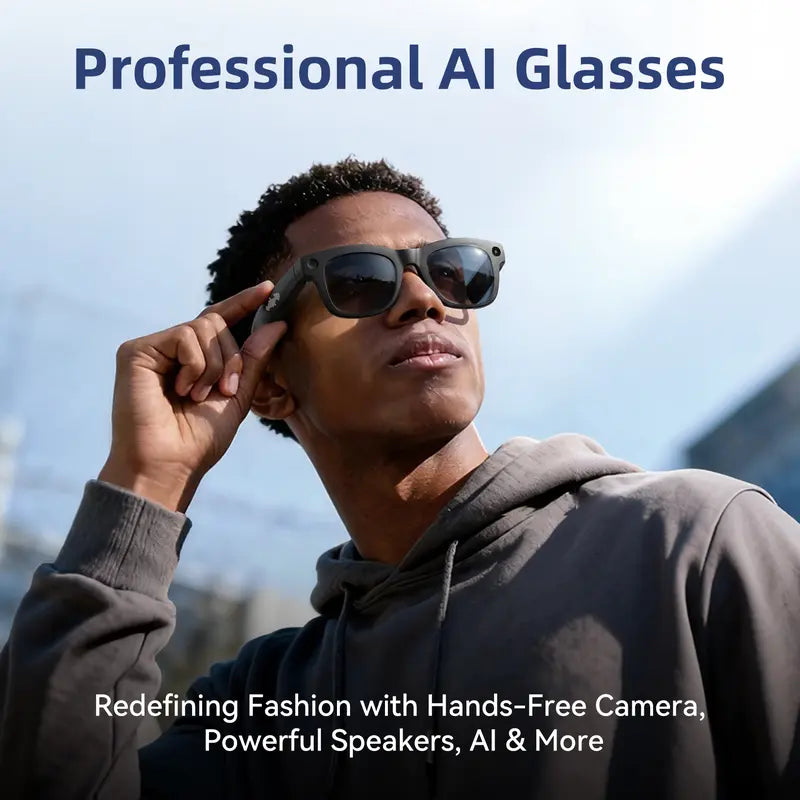 HUGUR Portable Smart AI Camera Glasses - Rectangular 8MP Photochromic Lenses, Button-Touch Adjustable, 1080P HD Hands-Free Photography/Video Recording, 160+ Languages Real-Time Translation, Bluetooth-Enabled Android Compatible, UV Protection, for Cycling