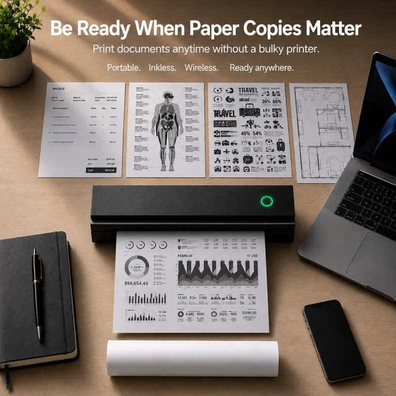 N80 Model Inkless Mobile Printer - 8.5"X11" A4/Letter Compact Wireless Printing Solutions Device with Built-In Bat, Compatible with Ios/Android, Laptops, for Home Use