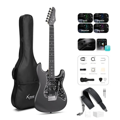 Xmari Smart Electric Guitar Kit - Carbon Fiber Body, Alnico Pickups with Coil Split, 4 DSP Effects, No Built-In Amp, USB-C OTG Recording, Headphone Jack, App Control, Super Strat Design for Creating, Gig Bag, Strap, Cable & Picks #Backtoschool