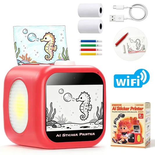 FUNNYPANDA Voice-Powered Inkless Label Printer for Kids - Portable Thermal Mini Sticker Box, Screen-Free, No App Needed, Coppa-Compliant Kid-Safe AI Tool, Prints Instantly, 2 Paper Rolls Ready, 4 Colored Pencils, Power Adapter, Ages 3+ Creative Gift