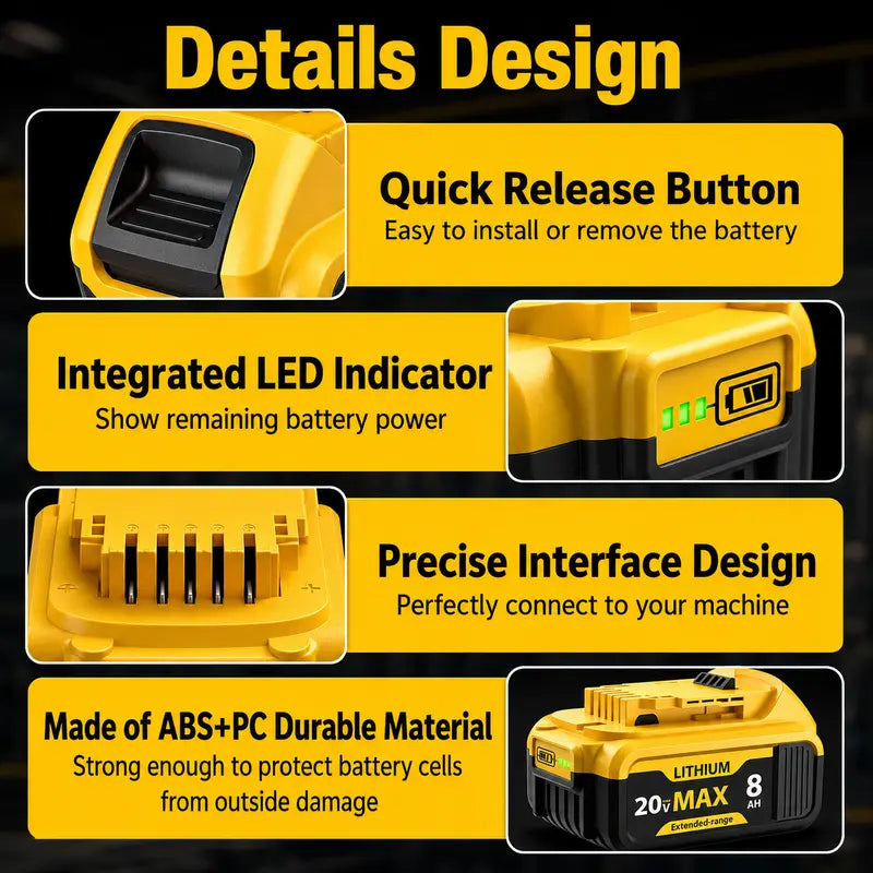 20V MAX 8.0Ah Li-Ion Quick Release Slide-Style Replacement Battery Packs with LED Gauge, Compatible with Dewalt Cordless Tools (DCB200, DCB205, DCB206, DCB208)