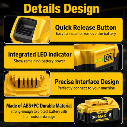 20V MAX 8.0Ah Li-Ion Quick Release Slide-Style Replacement Battery Packs with LED Gauge, Compatible with Dewalt Cordless Tools (DCB200, DCB205, DCB206, DCB208)