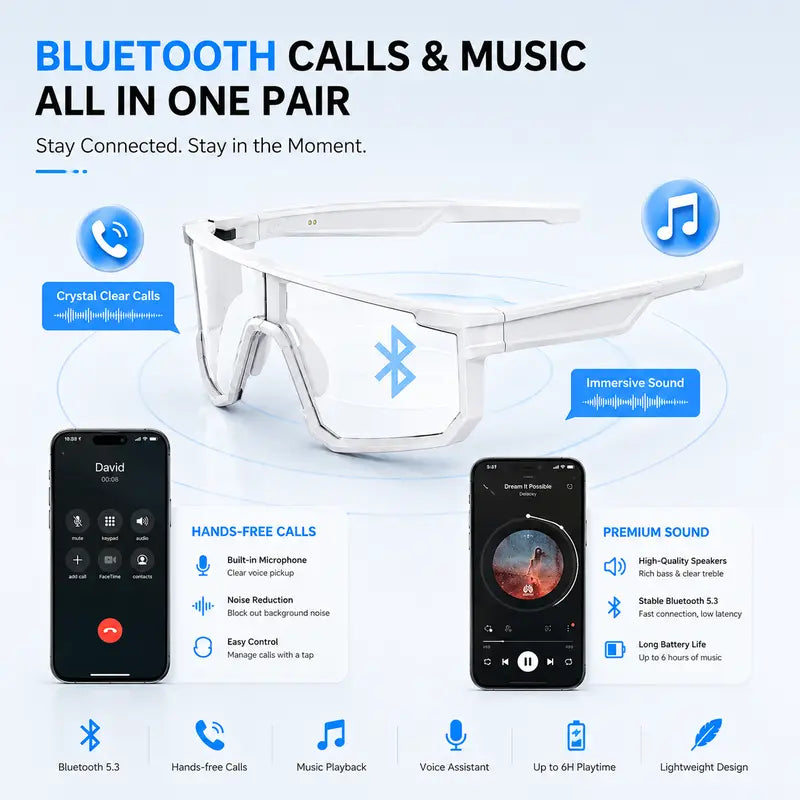 VUB Wearable AI Smart Glasses - Open-Ear Bluetooth Audio, Auto-Darkening Photochromic Lenses, Hands-Free Calling, AI Translation, UV400 Safety, Lightweight, Voice Assistants, for Cycling & Warehouse Work