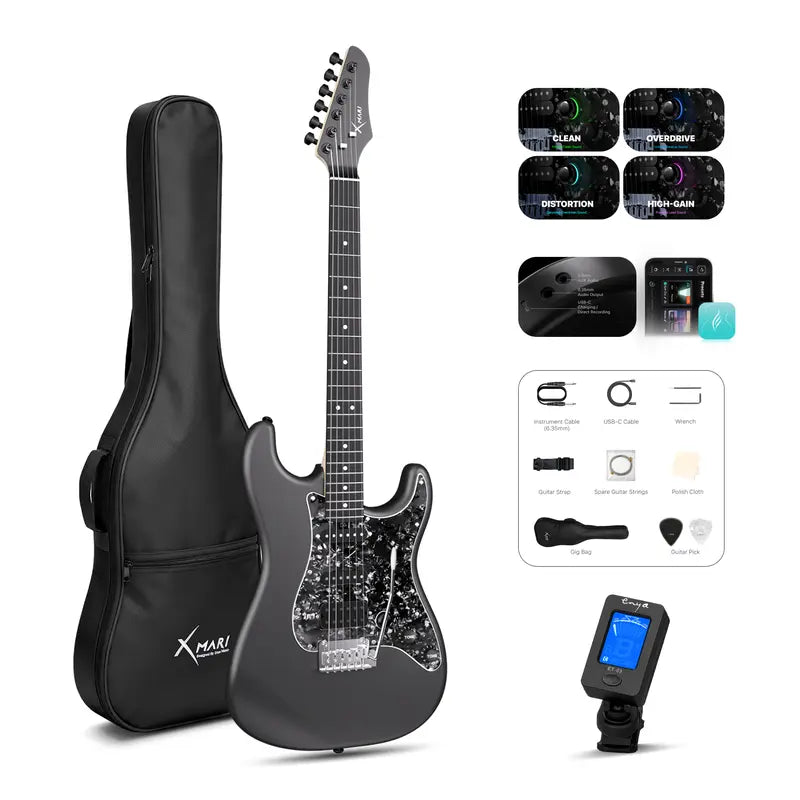 Xmari Smart Electric Guitar Kit - Carbon Fiber Body, Alnico Pickups with Coil Split, 4 DSP Effects, No Built-In Amp, USB-C OTG Recording, Headphone Jack, App Control, Super Strat Design for Creating, Gig Bag, Strap, Cable & Picks #Backtoschool