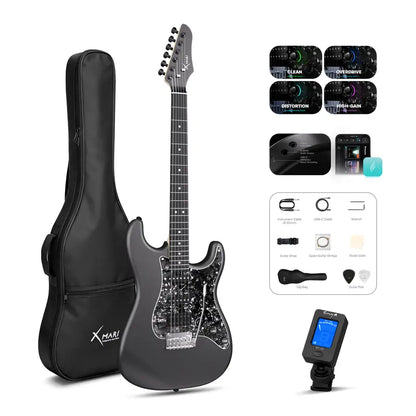 Xmari Smart Electric Guitar Kit - Carbon Fiber Body, Alnico Pickups with Coil Split, 4 DSP Effects, No Built-In Amp, USB-C OTG Recording, Headphone Jack, App Control, Super Strat Design for Creating, Gig Bag, Strap, Cable & Picks #Backtoschool