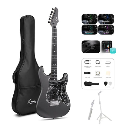 Xmari Smart Electric Guitar Kit - Carbon Fiber Body, Alnico Pickups with Coil Split, 4 DSP Effects, No Built-In Amp, USB-C OTG Recording, Headphone Jack, App Control, Super Strat Design for Creating, Gig Bag, Strap, Cable & Picks #Backtoschool