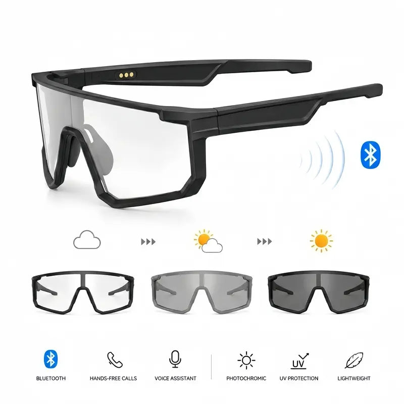 VUB Wearable AI Smart Glasses - Open-Ear Bluetooth Audio, Auto-Darkening Photochromic Lenses, Hands-Free Calling, AI Translation, UV400 Safety, Lightweight, Voice Assistants, for Cycling & Warehouse Work
