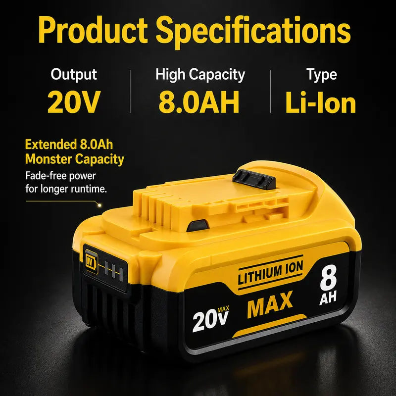 20V MAX 8.0Ah Lithium-Ion Replacement Batteries for Dewalt 20V Cordless Tools (4-Pack/8-Pack) - Upgraded 8000Mah Unit, 3-LED Gauge, Impact-Resistant, Slip-Free Lock, Compatible with DCB206,205,204,200 Series High Draw Tools