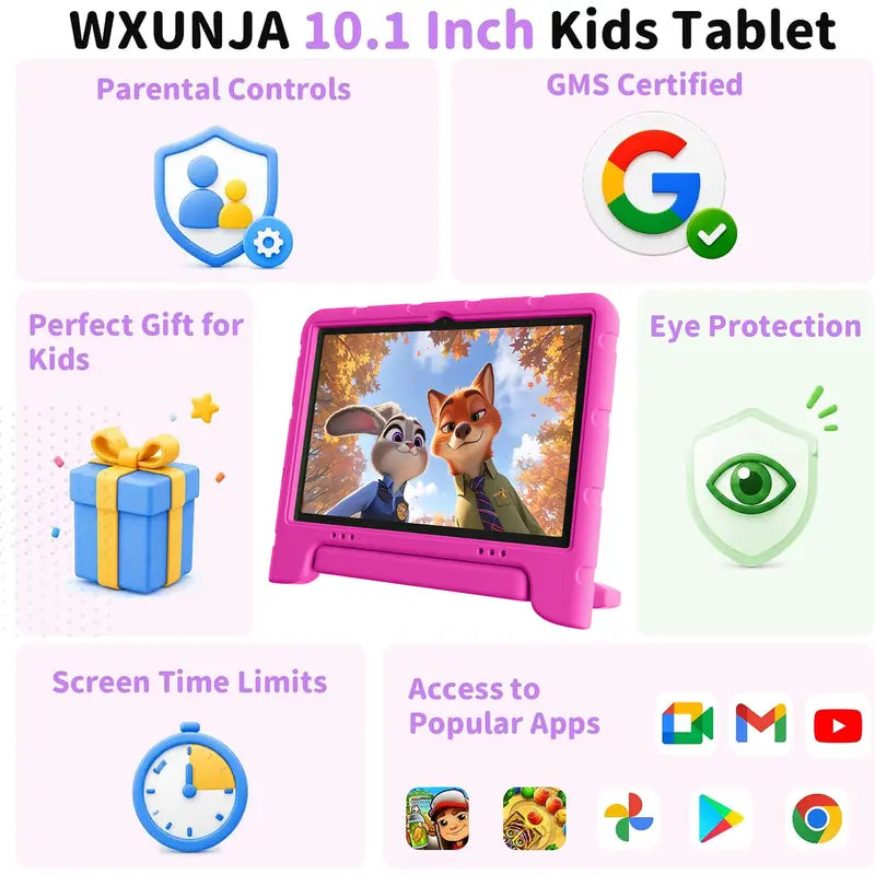 JUNINKE Kids Tablets - 10.1-In Android 15 Wireless Tablets with Protective Case, Dual Camera, 2.4G Wifi, Parental Ctrl, Built-In Li-Ion Battery, Toddlers Educational Electronic Gift Device, Wifi Touchscreen Tablet