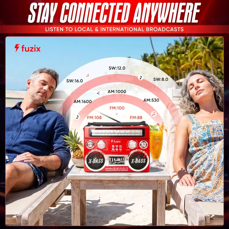 Fuzix Retrobox AM/FM/SW 3-Band Portable Audio Radio Speaker Player Receiver with Wireless Bluetooth Boombox, Built-In Flashlight, SD, Microsd, AUX Input, Rechargeable Battery, Vintage, Usb, Card, Device